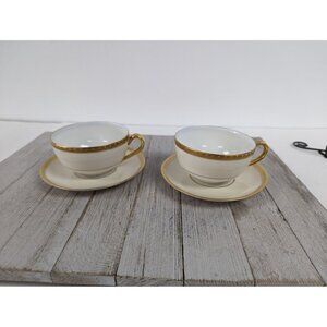 Vintage Theodore Haviland China Corinth Gold Trim Set of 2 Tea Cups & Saucers